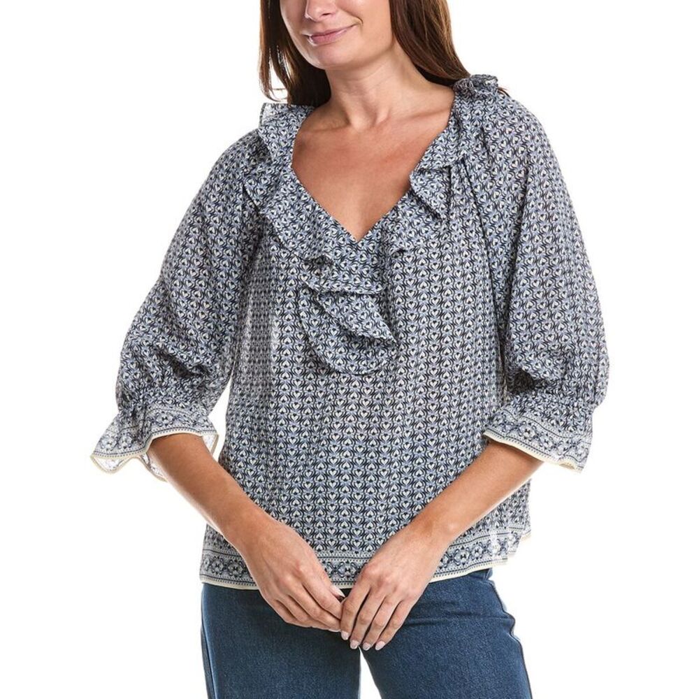 Max Studio Womens  Sleeve Ruffle Front Blouse, Navy